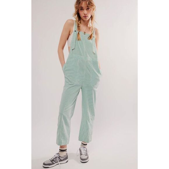 Free People NWT Salopette In Town Green Striped Overalls Sz Medium NWT - Picture 1 of 7